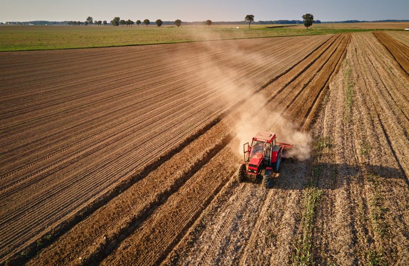 Tractor working in agricultural field, cultivating and plowing dry soil
